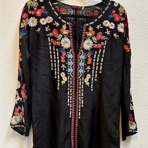 Johnny Was Emily Floral Embroidered Tunic Top Peasant Long Sleeve Size XS